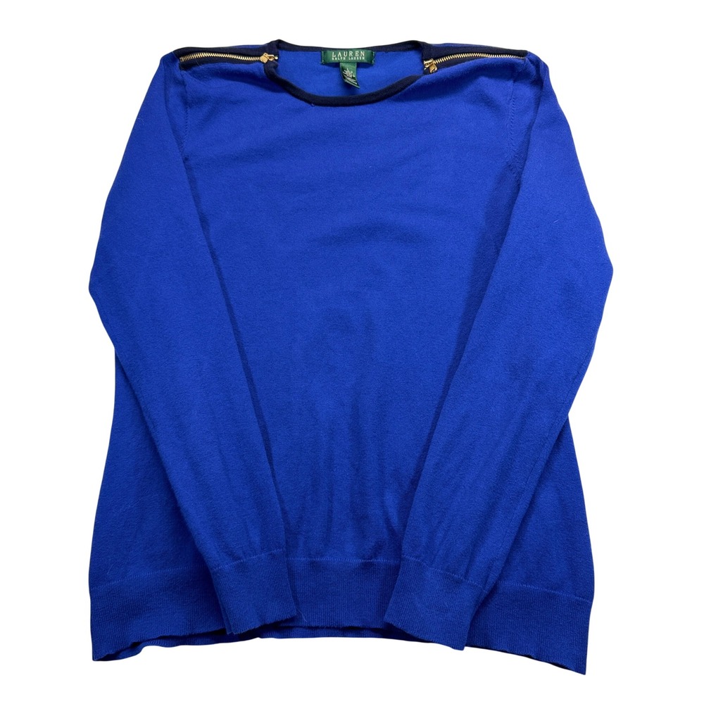Lauren Ralph Lauren Sweater Womens Large Blue Gold Shoulder Zip Cotton Knit Top